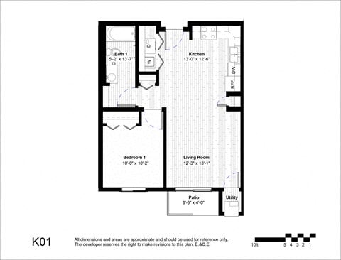 Floor plan for 1 bed, 1 bath, 652 sqft